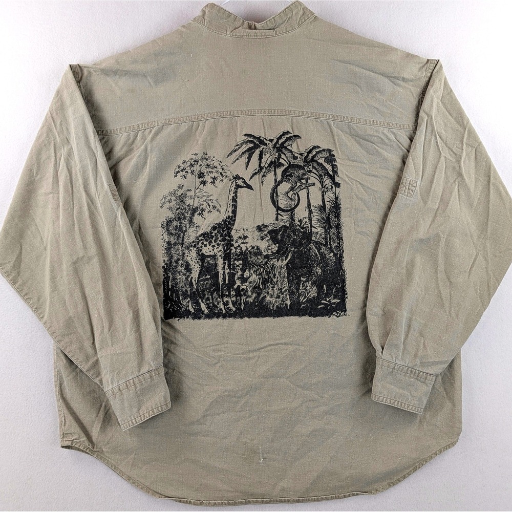 Vintage 90s Casey & Max Safari Animal Back Graphic Shirt Mens M Hong Kong